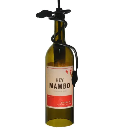 This delightful mini pendant features a wine bottle sent by the customer to be transformed into a lighting fixture. Meyda artisans added Textured Black vine-like metal accents and a black suspension cord with an overall height ranging from 17 to 72 inches; as it can be adjusted on location to meet your exact lighting requirements. This Wine Bottle Mini Pendant is included in our American-made; American-designed; handcrafted Wine Bottle Lighting Collection. The fixture is manufactured in Yorkville; New York. UL and cUL listed for dry and damp locations. Please send us your finest bottle of wine; and we will transform it into an everlasting; personalized light fixture. Contact us for more information on customized wine bottle lighting fixtures and lamps. You can also create custom lighting with liquor and beer bottles; mason jars; milk bottles; and other glass containers and vessels by contacting us! - alternate view
