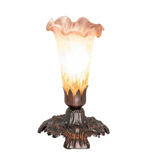 One of the most popular Louis Comfort Tiffany style designs... This Pond Lily mini lamp offers an attractive; delicate design featuring a mouth blown shade created with Amber and Purple art glass. The shade is seated in an elegant base finished by hand in Mahogany Bronze. The Pond Lily Mini Lamp is featured in our American designed; handcrafted Favrile Glass Lighting Collection. UL and cUL listed for dry locations. Each shade is a unique work of art with color variations based on natural ingredients inherent in the glass. Contact us if color matching is critical when ordering multiple items. - alternate view