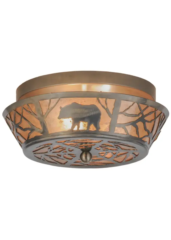 Drawing inspiration from the wildlife and natural beauty in the Adirondack Mountains nearby, this stunning fixture depicts a Bear strolling through the woodlands as the MORNING sun rises in the background.Warm ambient light is evoked through Silver Mica panels complemented with a frame and hardware featured in a Steel finish. Handcrafted by Meyda artisans in our Yorkville, NY facility. Custom designs, styles and sizes available. Energy efficient lamping options. Collection: Bear On The Loose Finish: Industrial Steel Glass: Silver Mica Width: 13.00" Height: 6.00" Length: 13.00" Weight: 3.50 lb Number of Bulbs: 2 Maximum Wattage: 60.00 W Bulb Type: A19 Bulb Base: E26 Material: Steel Country of Origin: USA Safety Listing: Damp Safety Rating: Damp