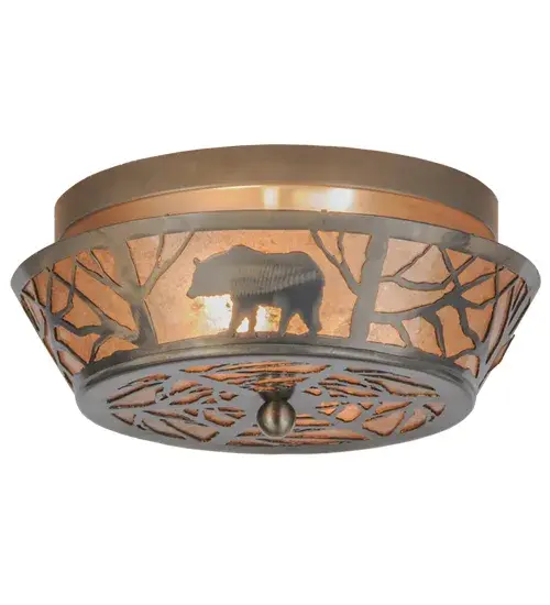 Drawing inspiration from the wildlife and natural beauty in the Adirondack Mountains nearby, this stunning fixture depicts a Bear strolling through the woodlands as the MORNING sun rises in the background.Warm ambient light is evoked through Silver Mica panels complemented with a frame and hardware featured in a Steel finish. Handcrafted by Meyda artisans in our Yorkville, NY facility. Custom designs, styles and sizes available. Energy efficient lamping options. Collection: Bear On The Loose Finish: Industrial Steel Glass: Silver Mica Width: 13.00" Height: 6.00" Length: 13.00" Weight: 3.50 lb Number of Bulbs: 2 Maximum Wattage: 60.00 W Bulb Type: A19 Bulb Base: E26 Material: Steel Country of Origin: USA Safety Listing: Damp Safety Rating: Damp - alternate view