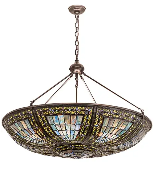 A Meyda Tiffany original design; the Fleur-de-Lis inverted pendant is an intricate design of Blue stylized tri-petaled irises and matching glass jewels against bands of Twilight and Beige. Reminiscent of castle and cathedral glass; the Fleur-de-lis pattern holds a prominent place in European Heraldry. Intricately detailed hardware; hand finished in Mahogany Bronze; cradles a stained glass shade which is hand crafted utilizing the copperfoil construction process. Custom options available. UL and cUL listed for damp and dry location. - alternate view