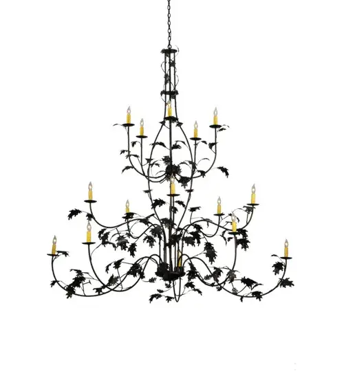 Oak Leaves appear to dance joyfully among the light. Rustic charm is revealed with this nature inspired chandelier as Mahogany Bronze finished Oak leaves flourish from branch-like arms that adorn 15 Ivory faux candlelights. This grand scaled chandelier is perfect for larger spaces but also provides a whimsical and delicate; open and airy design aesthetic. The overall height ranges from 73 to 216 inches as the chain length can be easily adjusted in the field to accommodate your specific lighting application needs. Made to Order in our 180;000 square foot manufacturing facility in Yorkville; New York at the foothills of the breathtaking Adirondack Mountains. Candlelight colors; metal finishes and chandelier sizes can be customized to your needs. UL and cUL listed for dry and damp locations. - alternate view
