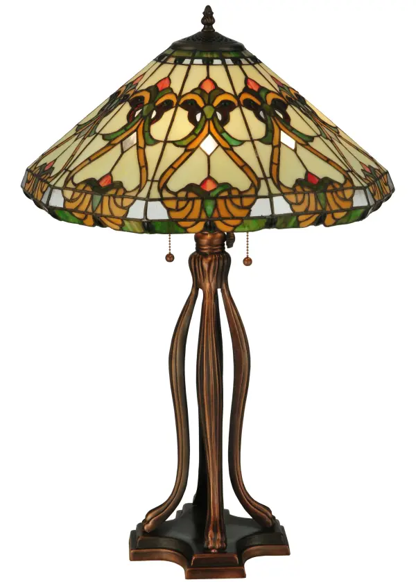 Victorian charm in beautiful stained glass for a striking festive look best describes Middleton. Leafy Green Holly with Ripe Red Berry entwined with Saffron accents and Dark Green jewels highlight this decorative design on a Bone Beige background. The art glass shade was created using Meyda Tiffany's famous copperfoil construction process and enhanced by decorative hardware finished in a warm Mahogany Bronze. Collection: Middleton Finish: Mahogany Bronze Glass: Stained Glass Width: 20.00" Height: 30.00" Length: 20.00" Weight: 14.00 lb Number of Bulbs: 3 Maximum Wattage: 60.00 W Bulb Type: A19 Bulb Base: E26 Material: Metal Or Polyresin Country of Origin: CHINA Safety Listing: Dry Safety Rating: Dry