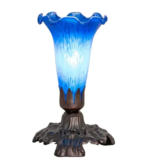 One of the most popular Louis Comfort Tiffany styled lamps on the market today; recreating his famous Favrile design from the early 1900's. This mottled Amethyst tipped Amber shaded One Light Accent Lamp offers an attractive; delicate design featuring a shade of mouth blown of fine art glass. Lily shades are seated in an elegant base finished by hand in Mahogany Bronze. - alternate view
