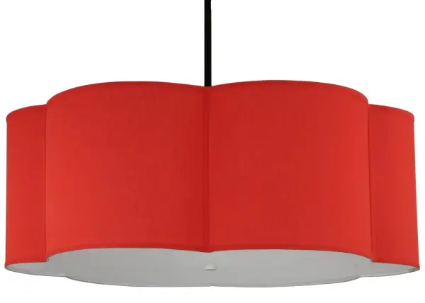 Designed with a clover-shaped profile and a distinctive look This appealing and vibrant colored pendant defines a sophisticated aesthetic. This pendant features a Red Textrene Shade which is complemented with a Statuario Idalight bottom diffuser. The fixture is enhanced with hardware in a Textured Black finish. The striking ceiling fixture is perfect for installation in entryways and great rooms in homes and hotels from Cincinnati, Ohio, to St. Paul, Minnesota, to Stockton, California. The Cloud Pendant is included in our American-made, American-designed, handcrafted Art Deco Lighting Collection, manufactured in Yorkville, New York. The pendant is UL and cUL listed for dry and damp locations, however, we do not recommend placing it in spaces that experience a large amount of moisture due to the fabric shade. Collection: Cloud Finish: Textured Black Glass: Red Textrene Width: 36.00" Height: 62.00" Length: 48.00" Weight: 28.00 lb Extension from Wall: 36.00" Number of Bulbs: 6 Maximum Wattage: 60.00 W Bulb Type: A19 Bulb Base: E26 Material: Steel Country of Origin: USA Safety Listing: Damp Safety Rating: Damp