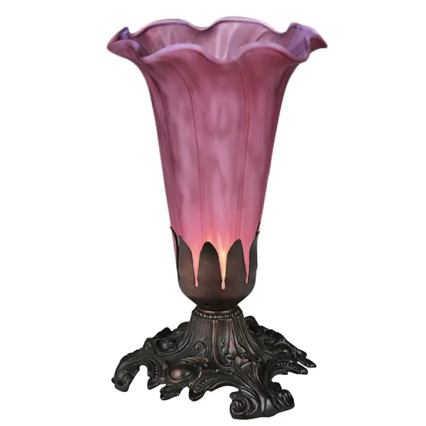 Re-creating Tiffany's famous Favrile design from the early 1900's. This mini lamp offers an attractive, delicate design featuring a shade that is mouth blown of Cranberry art glass. The Lily shade is seated in an elegant Victorian metal base finished by hand in Mahogany Bronze. UL and cUL listed for dry locations. The Pond Lily Shade is featured in our American designed, handcrafted Favrile Lighting Collection. Each shade is a unique work of art with color variations based on natural ingredients inherent in the glass. Contact us if color matching is critical when ordering multiple items. Collection: Lavender Sub-Brand: ,,,,,,,,,,,,,,,,,,,, Finish: Mahogany Bronze Glass: Lavender Width: 4.00" Height: 7.00" Length: 4.00" Weight: 1.00 lb Number of Bulbs: 1 Maximum Wattage: 40.00 W Bulb Type: B10 Bulb Base: E12 Material: Zinc Country of Origin: CHINA Safety Listing: Dry Safety Rating: Dry
