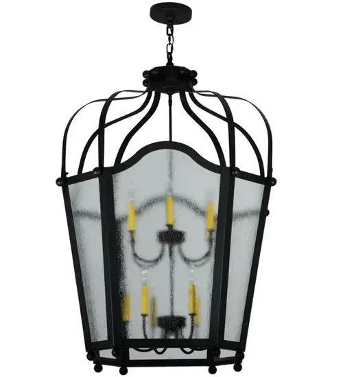 Utilizing a blend of timeless craftsmanship and classic design, the ever-popular Citadel brings home unsurpassed quality and shapely appeal. Evoking a dramatic effect, beautiful ambient light is evoked through Clear Seeded Glass which reveals two 6-light faux candelabras featured within this pendant. Citadel is enhanced with a dramatic design and frame featured in a Blackwash finish. The fixture is handcrafted by skilled artisans in our American 180,000 square foot factory in Yorkville, New York. Custom options include various sizes, colors, designs and dimmable energy efficient lamping. UL and cUL listed. Collection: Citadel Finish: Blackwash Glass: Rainstone Idalight Width: 34.00" Height: 51.00" Length: 34.00" Weight: 67.00 lb Number of Bulbs: 12 Maximum Wattage: 60.00 W Bulb Type: CA10 Bulb Base: E12 Material: Steel Country of Origin: USA Safety Listing: Damp Safety Rating: Damp - alternate view