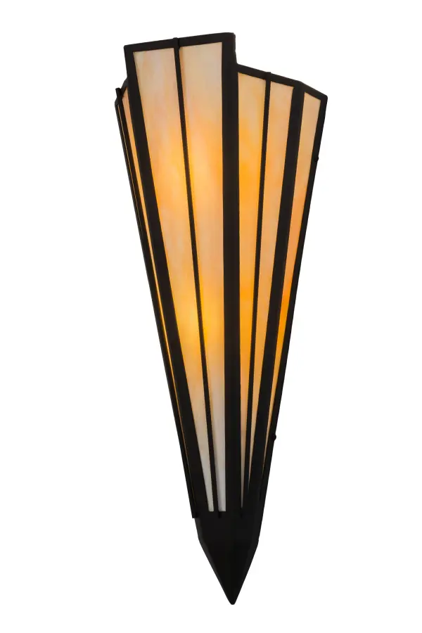 Beige art glass is transformed into a cool abstract lighting design similar to the famed deco designs showcased in Hollywood theaters. Striking art glass defines an extraordinary V shaped sconce which is complemented with decorative accents, frame and hardware featured in a Black finish. The fixture is ideal for foyers, corridors and other interiors in homes, resorts, hotels and restaurants. Custom crafted by highly skilled artisans in the USA, this fixture is available in custom designs, sizes and colors, as well as dimmable energy efficient lamping options such as LED. The sconce is UL and cUL listed for damp and dry locations. Collection: Brum Finish: Textured Black Glass: Beige Art Glass Width: 8.50" Height: 22.00" Length: 5.00" Weight: 5.00 lb Extension from Wall: 5.00" Number of Bulbs: 2 Maximum Wattage: 60.00 W Bulb Type: BA10 Bulb Base: E12 Material: Steel Country of Origin: USA Safety Listing: Damp Safety Rating: Damp