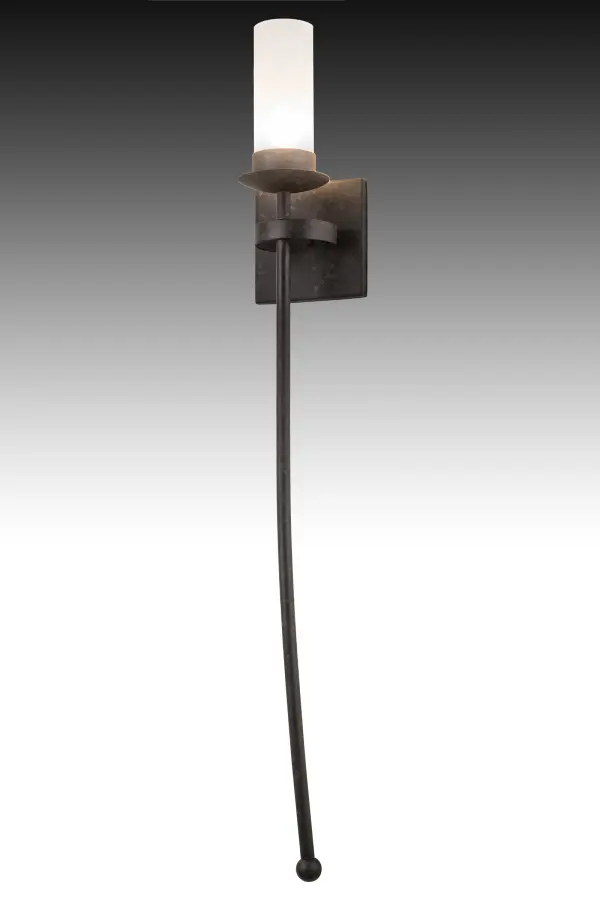 Handsome styling greets a distinctive sophisticated look. A Clear Frosted Glass Cylinder is perched atop of a custom tailored bobeche accented with a long slender decorative stem embellished with a ball tip for a high level of aesthetic appeal. A handsome square backplate is complemented with a curved band. Stunning solid hardware is hand forged and hand finished in a Coffee? Bean. Ideal for hallways; foyers and other spaces in homes; restaurants; pubs; hotels and other fine interiors. The fixture is custom crafted by artisans in our 180;000 square foot manufacturing facility in Yorkville; New York. UL & cUL listed for dry and damp locations.