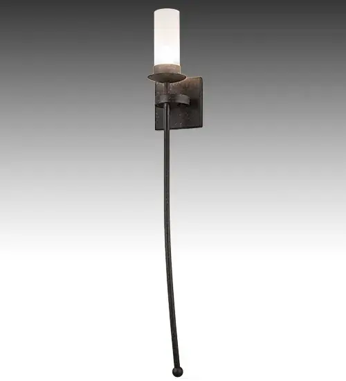 Handsome styling greets a distinctive sophisticated look. A Clear Frosted Glass Cylinder is perched atop of a custom tailored bobeche accented with a long slender decorative stem embellished with a ball tip for a high level of aesthetic appeal. A handsome square backplate is complemented with a curved band. Stunning solid hardware is hand forged and hand finished in a Coffee? Bean. Ideal for hallways; foyers and other spaces in homes; restaurants; pubs; hotels and other fine interiors. The fixture is custom crafted by artisans in our 180;000 square foot manufacturing facility in Yorkville; New York. UL & cUL listed for dry and damp locations. - alternate view