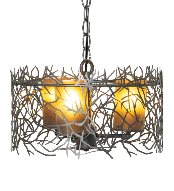 Bring Mother Nature into your home with 3 Frosted Amber Glass Cylindres that appear to bud and grow from metal twig-like accents. The pendant is enhanced with a Pewter finish. The overall height ranges from 12 to 36 inches as the chain length can be easily adjusted in the field to accommodate your specific lighting application needs Perfect for residential; restaurants; inns; lodges and retail applications; as well as stunning decor for wedding venues. Handcrafted in our 180;000 square foot manufacturing facility in Yorkville; New York. Diffuser colors; metal finishes and fixture sizes can be customized to your needs. UL and cUL listed for dry and damp locations.