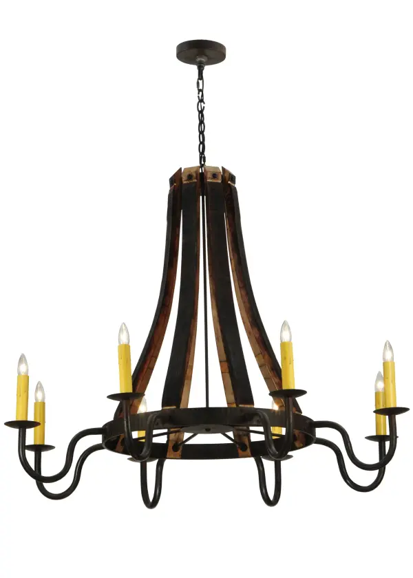 Rugged rustic charm greeted with Gothic character. This lighting design was inspired by Antique Wooden staves traditionally bound by wooden hoops in the construction of beer/whiskey barrels and wine casks. Costello Black finished solid-stout curved arms support 8 bobeches accented with Ivory faux candles on the perimeter. The overall height of this chandelier ranges from 45 to 91 inches as the chain length can be easily adjusted in the field to accommodate your specific lighting application needs. Handcrafted by highly skilled artisans in our 180;000 square foot manufacturing facility in Yorkville; New York. Candlelight colors; metal finishes and fixture sizes can be customized to your needs. UL and cUL listed for dry and damp locations.