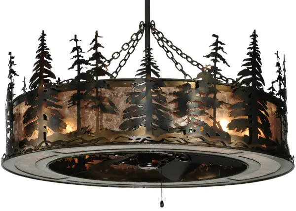 Innovation never looked so good with this unique custom lighting fixture that integrates ceiling fan technology. The stunning nature-inspired Tall Pines design is featured in our award-winning Chandel-Air collection. This fan-integrated custom lighting fixture features Pine Tree and woodland metal silhouettes in a Dark Burnished Antique Copper finish. A Silver Mica diffuser illuminates while gentle breezes are created by a fan spinning quietly in the center. Multiple layers of light for different moods and tasks include four inner lights to bring out the beauty of the Mica and four uplights for ambient illumination. The Tall Pines design is inspired by the Coconino National Forest in Arizona; to the Deschutes National Forest in Oregon; to the Ancient Bristlecone Pine Forest of California. This Chandel-air is ideal for use in a dining room; living space; kitchen; and other rooms in residential; hospitality; and commercial settings. In summer; the fan pushes down a windchill that circulates to keep the space cool and comfortable. In winter; the fan is reversed to pull the room air towards the ceiling; forcing the warm air back down & circulate to create warmth. The Tall Pines Chandel-Air is included in our American-made; American-designed; handcrafted Chandel-Air Collection and manufactured in Yorkville; NY. UL & cUL listed for dry and damp locations.