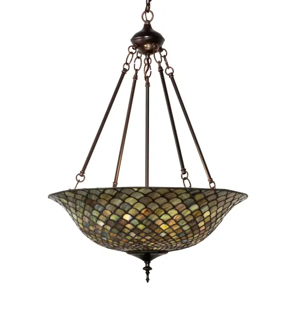 A Tiffany Studios classic reproduction. The famous Fishscale design features a variegated Tortoiseshell of Emerald; Sapphire; Mauve and Amber art glass; evoking a unique dimensional and textured look in a rainbow of brilliant hues. This exquisite art glass shade is created using the famous Meyda Tiffany copperfoil construction process and complemented with a Mahogany Bronze finish. UL and cUL listed for dry and damp locations. Overall height ranges from 32 to 67 inches as the chain length can be easily adjusted in the field. UL and cUL listed for dry and damp locations. Each shade is a unique work of art with color variations based on natural ingredients inherent in the glass. Contact us if color matching is critical when ordering multiple items.