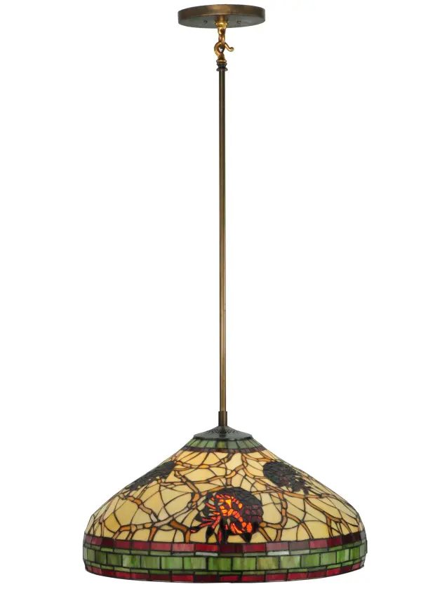This stunning design features the iconic pinecone; one of Mother Nature's most compelling organic symbols. The pendant offers a natural elegance and represents the evolution of human enlightenment. Burgundy and Leaf Green bands edge this woodland art glass shade that highlights Bark Brown Pinecones and Branches on a Golden Sun background. The shade is created using the famous Meyda Tiffany copperfoil construction process and is complemented with an Antique Copper finish. Each shade is a unique work of art with color variations based on natural ingredients inherent in the glass. Contact us if color matching is critical when ordering multiple items.
