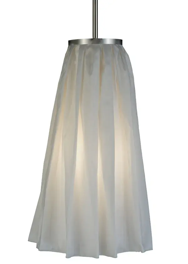 This unique drapery-styled pendant shade features a soft White Textrene fabric over a Statuario Idalight cylindrical diffuser and is complemented with Nickel finished hardware. This compelling lighting design features a uniquely decorative ceiling pendant that is ideal for today's homes and restaurants and those that appreciate a work of beauty. Inspired by homes, retailers, and restaurants, from High Point, North Carolina, and Chicago, Illinois, to Panorama City, California. The Drapery Pendant is featured in our American-made, American-designed, handcrafted Transitional Lighting Collection. It was manufactured in Yorkville, New York. UL and cUL listed for dry and damp locations, however, we do not recommend installing it in spaces that experience a large amount of moisture due to the fabric shades. Collection: Drapery Finish: Nickel Glass: White Fabric/White Acrylic Width: 12.00" Height: 40.00" Length: 12.00" Weight: 4.00 lb Number of Bulbs: 1 Maximum Wattage: 60.00 W Bulb Type: A19 Bulb Base: E26 Material: Steel Country of Origin: USA Safety Listing: Damp Safety Rating: Damp