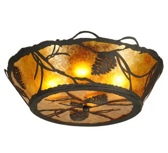 Listen closely.You can almost hear the soft whisper of the pine branches as they dance in the wind.Enjoy the warm ambiance of soft beautiful light diffused through this rustic shade?s Amber Mica featuring stunning pinecone and pine branch designs. Hand crafted in a handsome Chestnut finish and created by Meyda Artisans in Yorkville; New York.Select the design; colors; and the size and style of your choice.Energy efficient lamping options available - alternate view