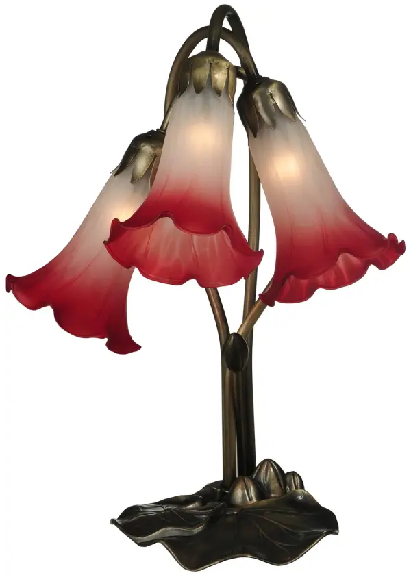 Recreating the popular Tiffany design from the early 1900s... This accent lamp offers an attractive, delicate design featuring three stunning shades created using Pink and White Favrile style, mouth-blown art glass. The Pond Lily shades are embraced by a Mahogany Bronze finished base. The Pond Lily Table Lamp is included in our American-designed, handcrafted Favrile Glass Lighting Collection. UL and cUL listed for dry locations. Each shade is a unique work of art with color variations based on natural ingredients inherent in the glass. Please don't hesitate if color matching is critical when ordering multiple items. Collection: Pink/White Finish: Mahogany Bronze Glass: Pink/White Width: 12.00" Height: 15.75" Length: 10.00" Weight: 3.00 lb Extension from Wall: 10.00" Number of Bulbs: 3 Maximum Wattage: 25.00 W Bulb Type: B10 Bulb Base: E12 Material: Zinc Country of Origin: CHINA Safety Listing: Dry Safety Rating: Dry