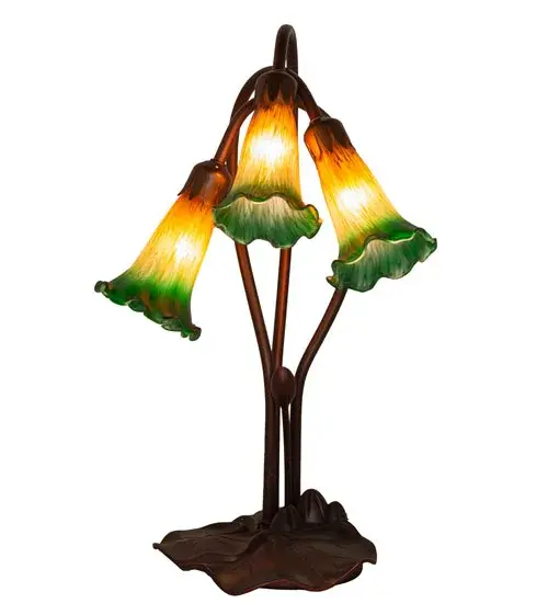 One of the most popular Louis Comfort Tiffany styled lamps on the market today; recreating his famous Favrile design from the early 1900's. offers an attractive; delicate design featuring shades mouth blown of fine art glass. Lily shades are suspended from stems delicately winding above a Lily pad base finished by hand in Mahogany Bronze. - alternate view