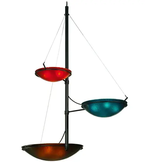 Engineered for precise balance and custom designed for premium taste. This compelling asymmetrical lighting design features 3 inverted fused glass shades in Red; Blue; and Amber. Designed like colorful rigging on the mast of a tall ship; this chandelier is a true work of art. Traditional artistry; high-fire kilns; and original tools fuse art glass in the old world tradition. Shades are enhanced with hardware in a Textured Black finish. Overall height ranges from 111 to 300 inches; as the aircraft cable length can be adjusted in the factory. The Metro Fusion Third Dimension Chandelier is featured in our American-made; American-designed; handmade Metro Fusion Lighting Collection. Manufactured in Yorkville; NY. UL & cUL listed for dry & damp locations.