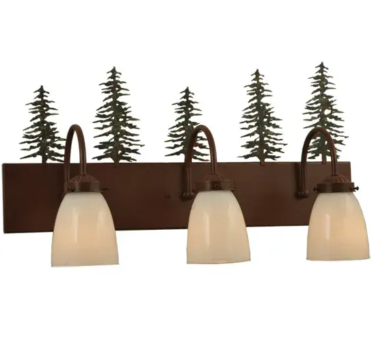A mesmerizing stand of Green Handpainted Tall Pine trees overlooks an array of three White Opal Glass Goblet styled shades that are suspended by curved arms featured in a Rust finish. Beautiful ambient light radiates from this wall fixture which is perfect as a vanity light in a powder room or a wall sconce in a corridor or other rooms. Made to Order in our 180;000 square foot manufacturing facility in Yorkville; NY; at the foothills of the spectacular Adirondack Mountains. Custom shade colors; metal finishes and wall fixture sizes can be customized. UL and cUL listed for dry and damp locations. - alternate view
