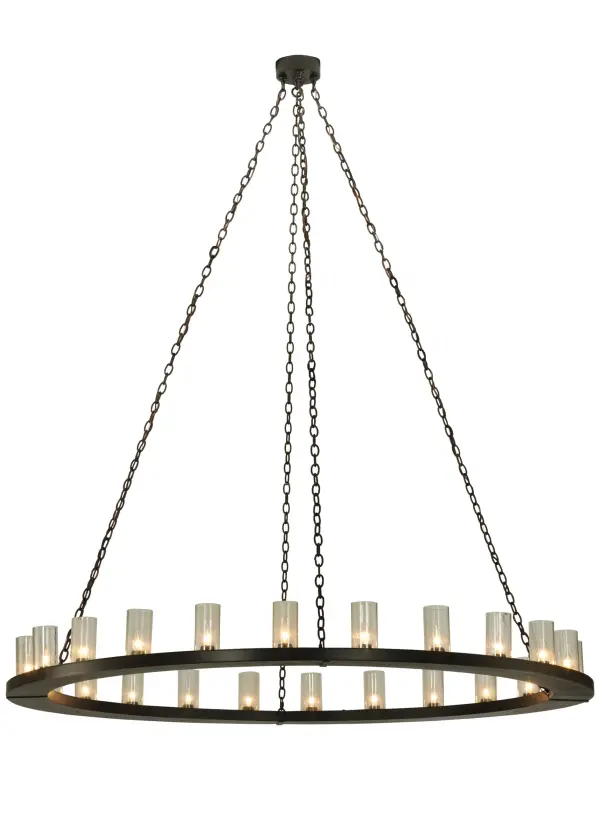 Replicating an old world chandelier of yore, Loxley was custom crafted with 24 Seeded glass luminaires on a decorative ring suspended by chains hand finished in Timeless Bronze. Ideal for illuminating dining areas, conference tables, lobbies and other residential and commercial spaces. Handcrafted by Meyda artisans in the USA, in our manufacturing facility in Yorkville, NY. Custom colors, styles and sizes available.Energy efficient lamping options. Collection: Loxley Finish: Timeless Bronze Glass: Clear Seeded Glass Width: 72.00" Height: 17.00" Length: 72.00" Weight: 123.00 lb Extension from Wall: 10.00" Number of Bulbs: 24 Maximum Wattage: 40.00 W Bulb Type: B11 Bulb Base: E26 Material: Steel Country of Origin: USA Safety Listing: Damp Safety Rating: Damp