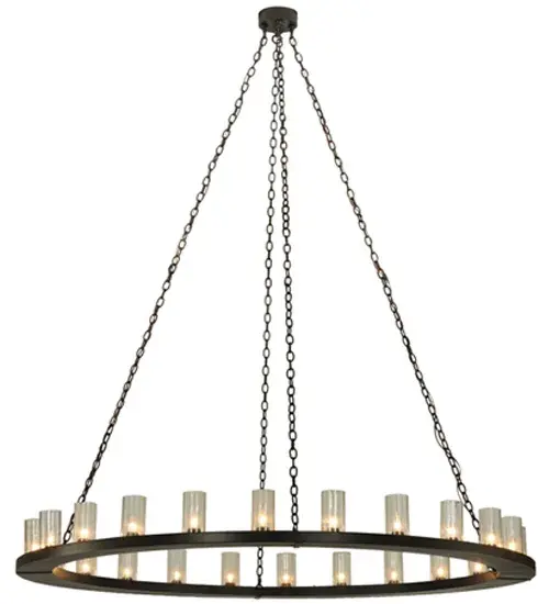 Replicating an old world chandelier of yore, Loxley was custom crafted with 24 Seeded glass luminaires on a decorative ring suspended by chains hand finished in Timeless Bronze. Ideal for illuminating dining areas, conference tables, lobbies and other residential and commercial spaces. Handcrafted by Meyda artisans in the USA, in our manufacturing facility in Yorkville, NY. Custom colors, styles and sizes available.Energy efficient lamping options. Collection: Loxley Finish: Timeless Bronze Glass: Clear Seeded Glass Width: 72.00" Height: 17.00" Length: 72.00" Weight: 123.00 lb Extension from Wall: 10.00" Number of Bulbs: 24 Maximum Wattage: 40.00 W Bulb Type: B11 Bulb Base: E26 Material: Steel Country of Origin: USA Safety Listing: Damp Safety Rating: Damp - alternate view