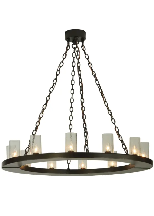 Replicating an old world chandelier of yore; Loxley was custom crafted with 12 Seeded glass luminaires on a decorative ring suspended by chains hand finished in Timeless Bronze. Ideal for illuminating dining areas; conference tables; lobbies and other residential and commercial spaces. Handcrafted by Meyda artisans in the USA; in our manufacturing facility in Yorkville; NY. Custom colors; styles; and sizes available. Energy efficient lamping options.