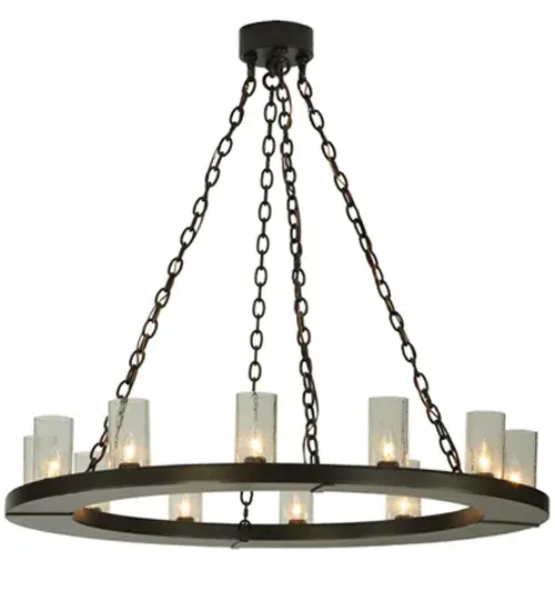 Replicating an old world chandelier of yore; Loxley was custom crafted with 12 Seeded glass luminaires on a decorative ring suspended by chains hand finished in Timeless Bronze. Ideal for illuminating dining areas; conference tables; lobbies and other residential and commercial spaces. Handcrafted by Meyda artisans in the USA; in our manufacturing facility in Yorkville; NY. Custom colors; styles; and sizes available. Energy efficient lamping options. - alternate view