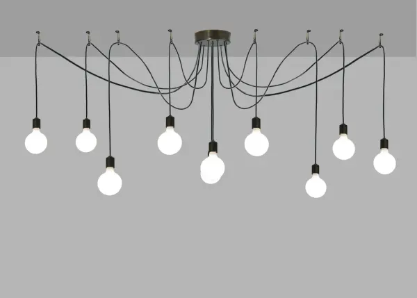 Designed like a festive garland of party lights for a special occasion or ambience in a residence; lounge or restaurant. Castiliolite features 10 Edison lamps draped with Black cords from the ceiling canopy. Custom crafted in our manufacturing facility in Upstate New York; this pendant is available in custom styles; sizes and finishes. Dimmable energy efficient lamps such as LED are also available. UL and cUL listed for dry and damp locations.