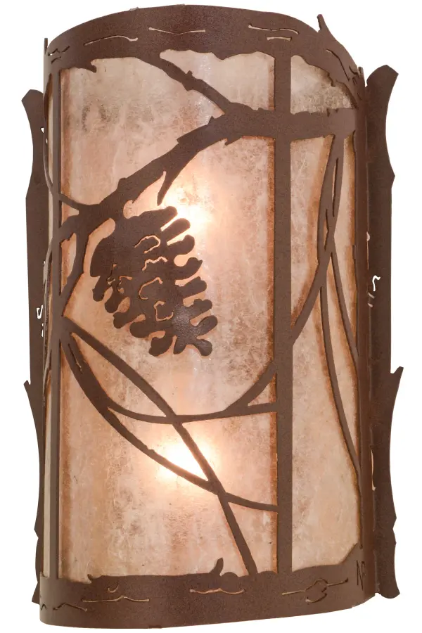 Listen closely.You can almost hear the soft whisper of the pine branches as they dance in the wind.Enjoy the warm ambiance of soft beautiful light diffused through this rustic sconce's Silver Mica featuring stunning pinecone and pine branch designs. Hand finished in handsome Rust and handcrafted by Meyda Artisans in Yorkville, New York.Create the design, colors, and the size and style of your choice.Energy efficient lamping options available. Collection: Whispering Pines Finish: Rust Glass: Silver Mica Width: 10.00" Height: 14.50" Length: 5.00" Weight: 3.50 lb Extension from Wall: 5.00" Number of Bulbs: 2 Maximum Wattage: 60.00 W Bulb Type: A19 Bulb Base: E26 Material: Steel Country of Origin: USA Safety Listing: Damp Safety Rating: Damp