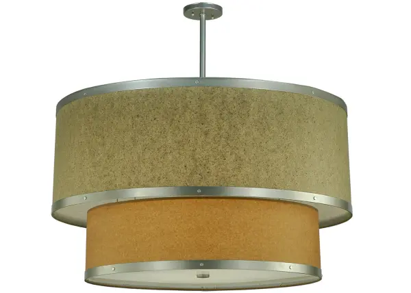 Evoking an organic look that will complement a wide range of interior decor, twin tiers of Autumn Wheat and Tropical Sand colored Textrene. The pendant features a Statuario Idalight bottom diffuser and is complemented with trim and hardware featured in a Nickel finish. This fixture was created by the hands of our artisans at its manufacturing facility in Upstate New York in the USA. Custom sizes, styles and colors are available, as well as dimmable, energy efficient lamping options. UL and cUL listed for damp and dry locations. Collection: Cilindro Finish: Nickel Glass: Green,Chocolate,Beige Width: 36.00" Height: 23.00" Length: 36.00" Weight: 15.00 lb Number of Bulbs: 6 Maximum Wattage: 60.00 W Bulb Type: A19 Bulb Base: E26 Material: Steel Country of Origin: USA Safety Listing: Damp Safety Rating: Damp