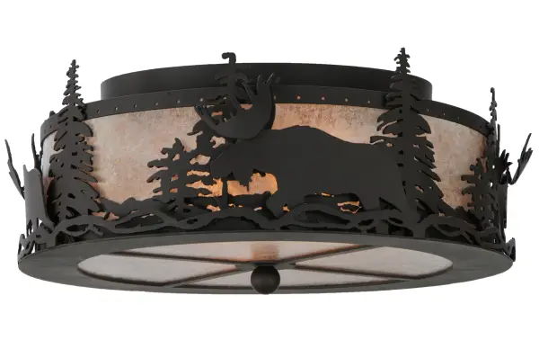 A majestic Moose wanders through the tall Pine trees around the perimeter of this dramatic ceiling fixture. A stunning Silver Mica shade is complemented by a matching bottom diffuser and enhanced with an Oil Rubbed Bronze finished frame. The fixture is inspired by Moose found in forests and national parks from Isle Royal in Michigan to Yellowstone National Park in Wyoming. The ceiling fixture is ideal for placement in hallways and dining areas to create a beautiful design statement for log homes; timber frame homes; and other residential and hospitality spaces. The Moose at Dusk Flushmount is included in our American-made; American-designed; handcrafted Wildlife Collection and manufactured in Yorkville; New York. UL and cUL listed for dry and damp locations.