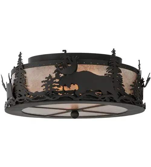 A majestic Moose wanders through the tall Pine trees around the perimeter of this dramatic ceiling fixture. A stunning Silver Mica shade is complemented by a matching bottom diffuser and enhanced with an Oil Rubbed Bronze finished frame. The fixture is inspired by Moose found in forests and national parks from Isle Royal in Michigan to Yellowstone National Park in Wyoming. The ceiling fixture is ideal for placement in hallways and dining areas to create a beautiful design statement for log homes; timber frame homes; and other residential and hospitality spaces. The Moose at Dusk Flushmount is included in our American-made; American-designed; handcrafted Wildlife Collection and manufactured in Yorkville; New York. UL and cUL listed for dry and damp locations. - alternate view