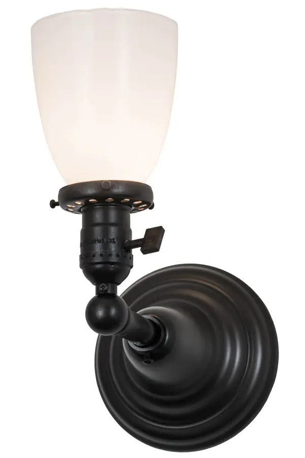 Bring home an era of style and charm with this wall sconce which features a single goblet styled shade in Opal White blown-glass and embraced by Solid Brass hardware that is featured in a Craftsman Brown finish. The fixture is ideal for illuminating the walls in nearly any room in residential, commercial and hospitality settings. This American-made Revival fixture is custom crafted in in Upstate New York. Custom sizes, styles and colors are available, as well as dimmable energy efficient lamping options such as LED. The wall sconce is UL and cUL listed for damp and dry locations. Collection: Revival Finish: Craftsman Brown Glass: White Opal Glass Width: 5.25" Height: 10.00" Length: 9.00" Weight: 1.50 lb Extension from Wall: 9.00" Number of Bulbs: 1 Maximum Wattage: 60.00 W Bulb Type: A15 Bulb Base: E26 Material: Metal Country of Origin: USA Safety Listing: Damp Safety Rating: Damp