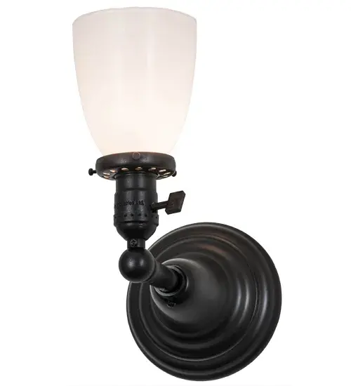 Bring home an era of style and charm with this wall sconce which features a single goblet styled shade in Opal White blown-glass and embraced by Solid Brass hardware that is featured in a Craftsman Brown finish. The fixture is ideal for illuminating the walls in nearly any room in residential, commercial and hospitality settings. This American-made Revival fixture is custom crafted in in Upstate New York. Custom sizes, styles and colors are available, as well as dimmable energy efficient lamping options such as LED. The wall sconce is UL and cUL listed for damp and dry locations. Collection: Revival Finish: Craftsman Brown Glass: White Opal Glass Width: 5.25" Height: 10.00" Length: 9.00" Weight: 1.50 lb Extension from Wall: 9.00" Number of Bulbs: 1 Maximum Wattage: 60.00 W Bulb Type: A15 Bulb Base: E26 Material: Metal Country of Origin: USA Safety Listing: Damp Safety Rating: Damp - alternate view
