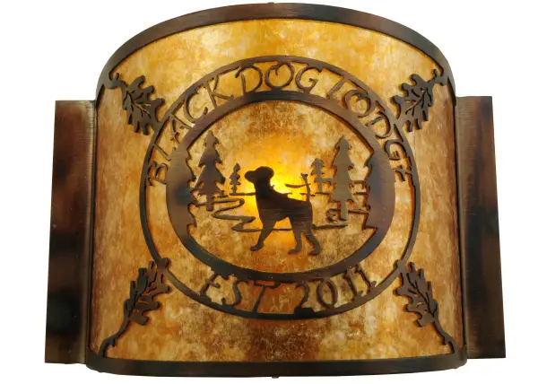 Designed with the bold Black Dog Lodge name; logo; and year of establishment... This handsome wall sconce illuminates your interiors while featuring the artwork in a Burnished Antique Copper finish on an Amber Mica lens. The Personalized Black Dog Lodge Wall Sconce is included in our American-made; American-designed; handcrafted Personalized Lighting Collection and manufactured in Yorkville; New York. UL and cUL are listed for use in both dry and damp locations. Please feel free to contact us if you need more info. Contact us today to create a personalized lighting fixture featuring your business or family name; or company logo.