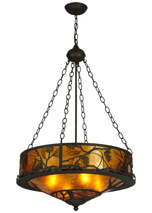 Listen closely. You can almost hear the soft whisper of pine branches as they dance in the wind with a low-hanging moon in the sky. Enjoy the beautiful ambiance of the soft light diffused through stunning Amber Mica shade, which features pinecone and pine branch motifs. The pendant is complemented with decorative accents, frame and hardware in a Coffee Bean finish. The fixture is handcrafted by highly skilled artisans in Yorkville, New York at the foothills of the breathtaking Adirondack Mountains. Custom colors, designs and sizes are available, as well as dimmable, energy efficient lighting options such as LED. This 24-inch wide fixture is UL and cUL listed for damp and dry locations. Collection: Whispering Pines Finish: Coffee Bean Glass: Amber Mica Width: 24.00" Height: 40.00" Length: 24.00" Weight: 13.60 lb Number of Bulbs: 4 Maximum Wattage: 60.00 W Bulb Type: A19 Bulb Base: E26 Material: Steel Country of Origin: USA Safety Listing: Damp Safety Rating: Damp