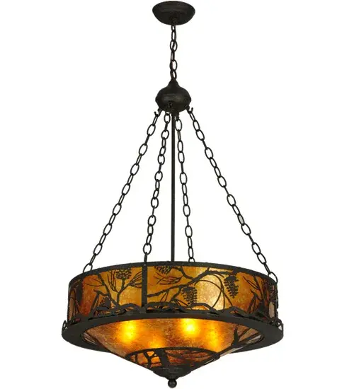 Listen closely. You can almost hear the soft whisper of pine branches as they dance in the wind with a low-hanging moon in the sky. Enjoy the beautiful ambiance of the soft light diffused through stunning Amber Mica shade, which features pinecone and pine branch motifs. The pendant is complemented with decorative accents, frame and hardware in a Coffee Bean finish. The fixture is handcrafted by highly skilled artisans in Yorkville, New York at the foothills of the breathtaking Adirondack Mountains. Custom colors, designs and sizes are available, as well as dimmable, energy efficient lighting options such as LED. This 24-inch wide fixture is UL and cUL listed for damp and dry locations. Collection: Whispering Pines Finish: Coffee Bean Glass: Amber Mica Width: 24.00" Height: 40.00" Length: 24.00" Weight: 13.60 lb Number of Bulbs: 4 Maximum Wattage: 60.00 W Bulb Type: A19 Bulb Base: E26 Material: Steel Country of Origin: USA Safety Listing: Damp Safety Rating: Damp - alternate view