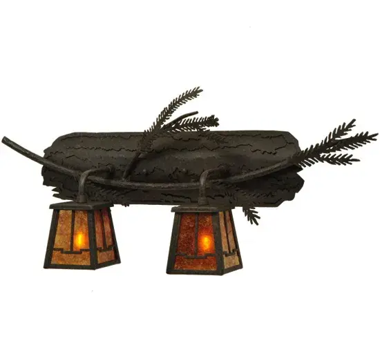 Inspired by Nature; the Valley View Pine Branch wall sconce features two Craftsman styled lanterns in Amber Mica and adorned with a metal Pine Branch and Pine Needles. The Barkerized Metal frame is offered in a Coffee Bean finish. The sconce; which can also be used as a vanity light in a fine bath; illuminates 2 Customer-supplied G9 Halogen JCD lamps. Handcrafted in the USA by highly skilled artisans at the foothills of the Adirondack Mountains in Yorkville; New York; the fixture is offered in custom styles; colors and sizes are available. Energy efficient lamping options such as LED are available. The 25-inch wide fixture is UL and cUL listed for damp and dry locations. - alternate view