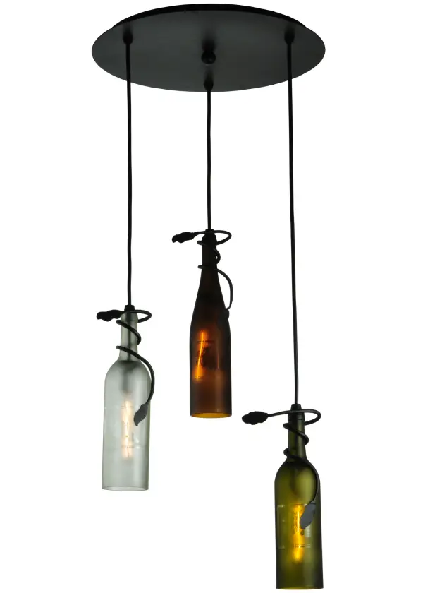 Capture the life of any party with authentic wine bottle lighting. It's so much fun that you may want to swing from this cascading pendant; but don't. The fixture does so much more than deliver light; it adds personality and pizazz to any interior. Perfect for homes; restaurants; hotels; pubs; nightclubs; wineries; and fine retailers. Custom crafted with three authentic Glass Wine Bottles; featured in Clear; Amber; and Green. The wine bottles are embraced by Black cords with metal vine-like accents featured in a Textured Black finish. The overall height ranges from 17 to 72 inches; as the cords can be easily adjusted on location to meet your exact lighting requirements. The fixture is ideal for illuminating staircases and entryways in residential and hospitality locations. The Tuscan Vineyard Multi-Color 3 Wine Bottle Cascading Pendant is included in our American-made; American-designed; handcrafted Wine Bottle Lighting Collection and manufactured in Yorkville; New York. UL and cUL listed for dry and damp locations. Take your finest bottle of wine; and Meyda will transform it into an everlasting personalized fixture of light. Contact us for more information on custom wine bottle lighting fixtures and lamps. We can also create custom lighting with beer bottles; mason jars; milk bottles; and other glass containers and vessels.