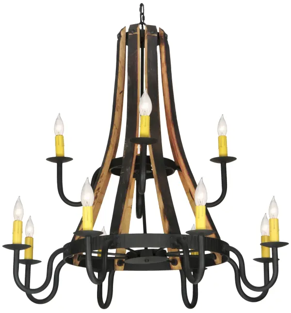 Inspired by Antique Staves traditionally bound by hoops used for beer/whisky barrels and wine casks. This authentic one-of-a-kind chandelier features a handsome Wrought Iron finish. This vintage look is further enhanced with 12 Ivory faux candlelights that line up like soldiers at attention in abeyance of the barrel to which they serve. Our sustainable lighting offers a choice of Reclaimed Woods or a combination of Natural Woods and Metals. Overall height ranges from 47 to 165 inches as the chain length can be easily adjusted in the field. Handcrafted in our 180;000 square foot manufacturing facility in Yorkville; NY. Fixture designs; metal finishes and sizes can be customized to meet your needs.UL and cUL listed for damp and dry locations.