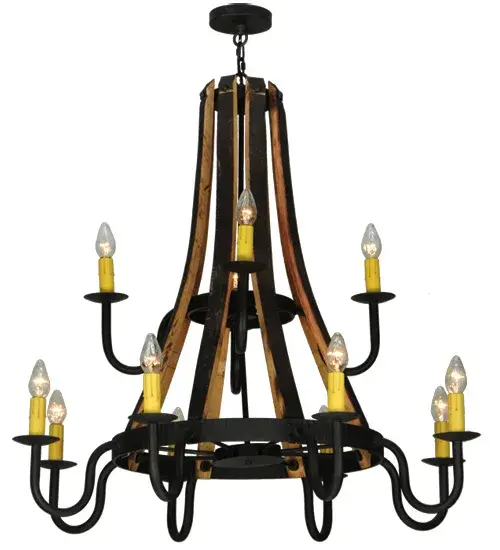 Inspired by Antique Staves traditionally bound by hoops used for beer/whisky barrels and wine casks. This authentic one-of-a-kind chandelier features a handsome Wrought Iron finish. This vintage look is further enhanced with 12 Ivory faux candlelights that line up like soldiers at attention in abeyance of the barrel to which they serve. Our sustainable lighting offers a choice of Reclaimed Woods or a combination of Natural Woods and Metals. Overall height ranges from 47 to 165 inches as the chain length can be easily adjusted in the field. Handcrafted in our 180;000 square foot manufacturing facility in Yorkville; NY. Fixture designs; metal finishes and sizes can be customized to meet your needs.UL and cUL listed for damp and dry locations. - alternate view