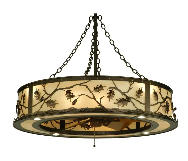 A fan-tastic; energy efficient decorating idea for a home; retail or hospitality location; this unique custom crafted Chandel-Air features oak leaves and acorns motif. The fixture; which combines a custom lighting design with fan technology; is highlighted with a Sahara Taupe Idalight diffuser complemented with hardware finished in Mahogany Bronze. The fixture features eight inner lights for decorative lighting; four uplights for ambient lighting and four downlights for task lighting. Handcrafted in Yorkville; New York at the foothills of the spectacular Adirondack Mountains; this energy-saving "Chandel-Air" creates a windchill to keep the space cool in the summer; and is reversed in the winter to push down hot air and maintain warmth.