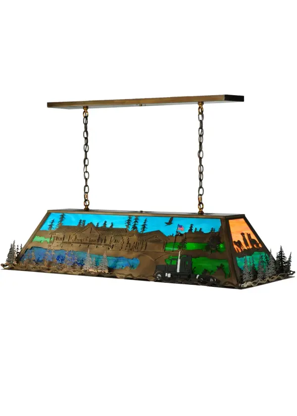 A stunning stained glass pendant is designed with a trailer truck cab, a garage, a cabin, and three dogs owned by The Tucker family and business. This personalized fixture features Antique Copper decorative accents on a stained glass oblong shade featuring a Blue sky and a Blue-Green lake in the background. This oblong pendant is ideal for illuminating billiard tables, bars, kitchen islands, counters, and dining tables. The overall height ranges from 18 to 75 inches, as the chain can easily be adjusted on location to your exact specifications. The Tucker's Oblong Pendant is included in the American-made, American-designed, handcrafted Personalized Collection and manufactured in Yorkville, New York. UL and cUL listed for dry and damp locations. Call us today, and we will add your business logo or family name to a lighting fixture for your next project. Please call for pricing and lead time. Collection: Personalized Finish: Antique Copper Glass: Stained Glass Width: 20.00" Height: 18.00" Length: 53.50" Weight: 58.00 lb Extension from Wall: 20.00" Number of Bulbs: 9 Maximum Wattage: 60.00 W Bulb Type: A19 Bulb Base: E26 Light Source: LED Material: Steel Country of Origin: USA Safety Listing: Damp Safety Rating: Damp LED