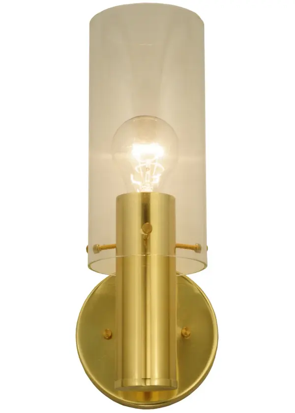 Offering a transitional dimensional look, a Clear Glass cylindrical lens reveals an exposed traditional medium-base A19 bulb perched on a Solid Brass cylinder with hardware, all featured in a polished finish. This fixture was created by the hands of our artisans at its manufacturing facility in Upstate New York in the USA. Custom sizes, styles and colors are available, as well as dimmable, energy efficient lamping options. The sconce is UL and cUL listed for damp and dry locations. Collection: Cilindro Finish: Transparent Brass Glass: Polished Brass/Clear Glass Width: 4.75" Height: 13.00" Length: 6.00" Weight: 2.00 lb Extension from Wall: 6.00" Number of Bulbs: 1 Maximum Wattage: 60.00 W Bulb Type: A19 Bulb Base: E26 Material: Brass Country of Origin: USA Safety Listing: Damp Safety Rating: Damp