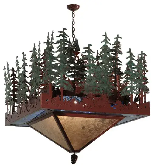 You can almost smell the fresh clean scent of Pine with this lighting fixture; a nature inspired stand of Tall Pine trees handpainted in Green is depicted while the morning sun rises over a country lake. With soft ambient light projected beautifully through a Silver Mica shade topped with Blue Waterglass; this fixture is complemented with Rust finished accents and frame. Custom crafted by the hands of Meyda artisans in our manufacturing facility at the foothills of the Adirondack Mountain Lake Country here in the USA. Custom options are available. The fixture is UL and cUL listed for damp and dry locations. - alternate view