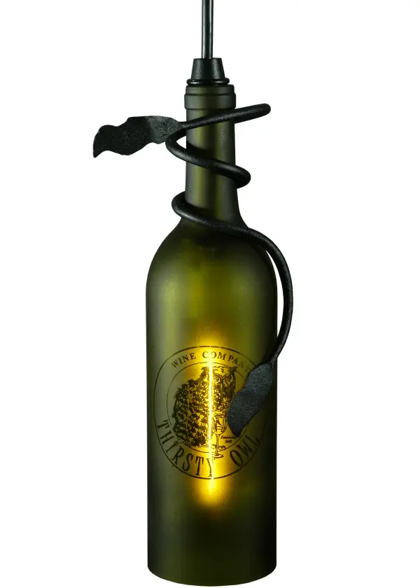 Capture the life of the party with the whimsical design of the Meyda Wine Bottle Mini Pendant, which is personalized with the Thirsty Owl logo and name. It is so much fun that you may want to hang from it, but don't! Liven up a restaurant, club, or home with a mini pendant that does so much more than deliver light, it adds personality and pizzazz. The Green Glass Wine Bottle is embraced by a Black suspension cord and Textured Black vine-like accents and hardware. Create a stunning design statement by placing a group of mini pendants across an island, table, counter, or bar in homes, restaurants, hotels, pubs, nightclubs, and wineries. Connoisseurs will appreciate this mini pendant for its fine detail and charm. The overall height ranges from 14 to 76 inches, as the cord can be adjusted on location to meet your exact lighting requirements. This Personalized Thirsty Owl Wine Bottle Mini Pendant is included in our American-made, American-designed, handcrafted Wine Bottle Lighting Collection. The fixture is manufactured in Yorkville, New York, and is UL and cUL listed for dry and damp locations. Take your finest bottle of wine, and Meyda will transform it into an everlasting personalized fixture of light. Contact us for more information on custom wine bottle lighting fixtures and lamps. We can also create custom lighting with beer bottles, mason jars, milk bottles, and other glass containers and vessels. Collection: Personalized Finish: Textured Black Glass: Green Width: 5.00" Height: 14.00" Length: 5.00" Weight: 2.00 lb Number of Bulbs: 1 Maximum Wattage: 40.00 W Bulb Type: T6.5 Bulb Base: E17 Country of Origin: USA Safety Listing: Damp Safety Rating: Damp