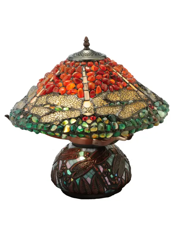 The Tiffany Dragonfly re-creates Tiffany Studio's most beloved designs in all of its splendor. A stunning Jadestone Dragonfly flies and dives with glowing Red jeweled eyes and delicate Cream Yellow wings over copperfoiled pieces of Red; Green and Yellow natural Agate stones. The shade is created with Meyda Tiffany's famous copperfoil construction process and complemented with a Mahogany Bronze base. The base is highlighted with a matching Dragonfly design on a Blue Iridescent mosaic.