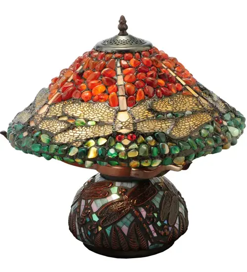 The Tiffany Dragonfly re-creates Tiffany Studio's most beloved designs in all of its splendor. A stunning Jadestone Dragonfly flies and dives with glowing Red jeweled eyes and delicate Cream Yellow wings over copperfoiled pieces of Red; Green and Yellow natural Agate stones. The shade is created with Meyda Tiffany's famous copperfoil construction process and complemented with a Mahogany Bronze base. The base is highlighted with a matching Dragonfly design on a Blue Iridescent mosaic. - alternate view
